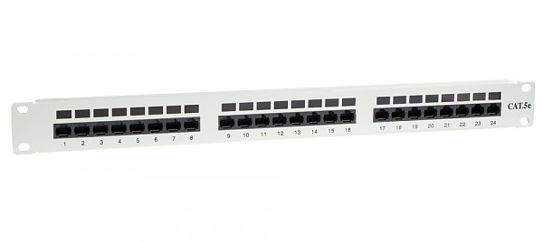 24 port patch panel, UTP, cat. 5e, 1U, 19", Krone type, w/cable holder