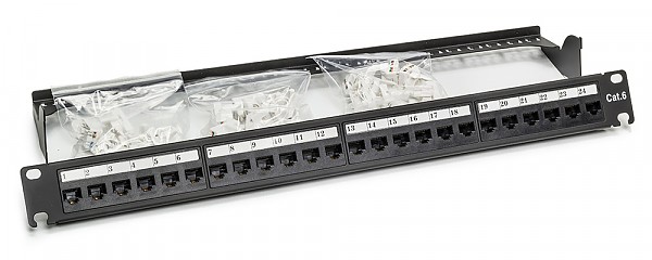 Patch panel, 24-port, UTP, cat. 6, 1U, 19", toolless, w/cable holder 