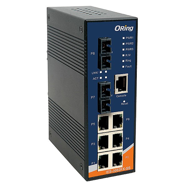IES-3062FX-SS-SC, Industrial 8-port managed Ethernet switch, DIN, 6x 10/100 RJ-45 + 2x100 SM SC, O/Open-Ring <10ms