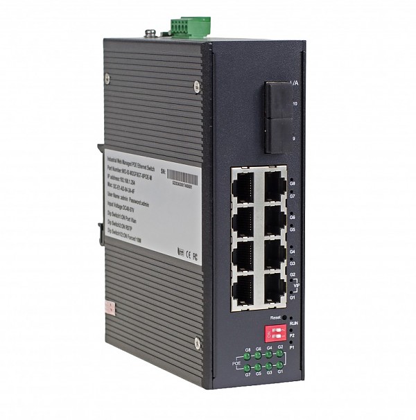 Managed industrial switch, 8x 100/1000 RJ-45 PoE, 2x 1000 SFP (Wave Industrial WO-IS-M2GF8GT-8POE-M) 