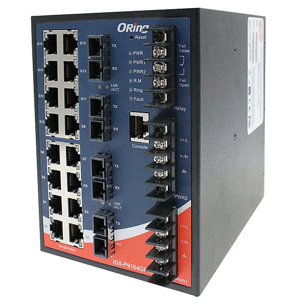 Managed switch, 16x 10/1000 RJ-45 + 4x100/1000 SFP w/DDM, O/Open-Ring <20ms (ORing IGS-P9164GC-HV) 