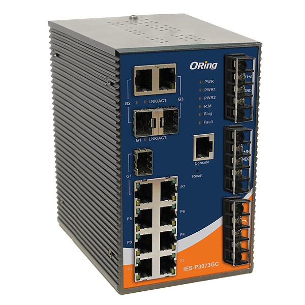 IES-P3073GC-HV, Industrial Managed Switch, DIN, 7x 10/100 RJ-45 + 3 slide-in SFP slots / RJ-45, O/Open-Ring <10ms