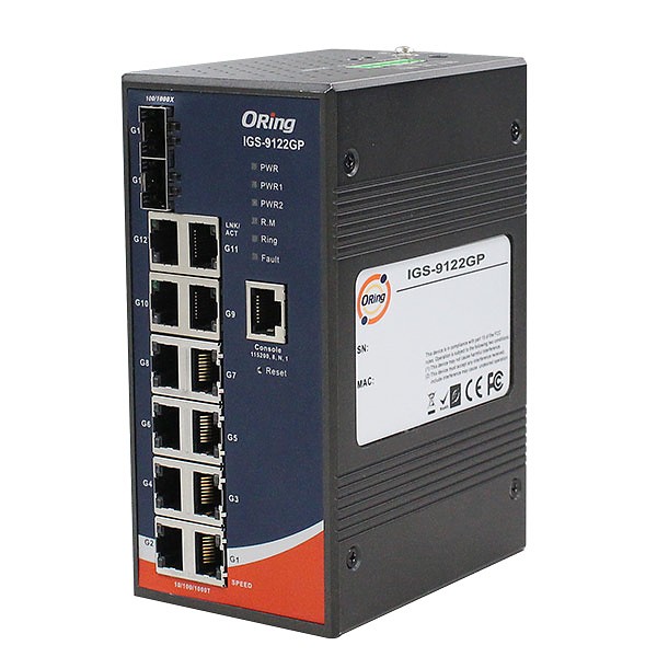 Managed switch, 12x 10/1000 RJ-45 + 2x100/1000 SFP w/DDM, O/Open-Ring <30ms (ORing IGS-9042GP) 