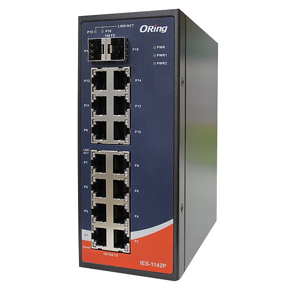 IES-1142, Industrial Unmanaged Switch, DIN, 14x 10/100 RJ-45 + 2x 100 SFP