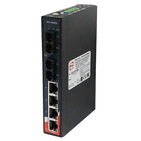 IPS-1042-FX-SS-SC-24V, Industrial Unmanaged PoE Ethernet switch, DIN, 4x 10/100 RJ-45 PoE + 2x 100 SM SC