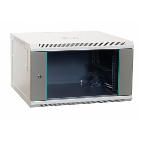 Wall-mounted 19" rack cabinet, 6U, glass door, 600mm d.