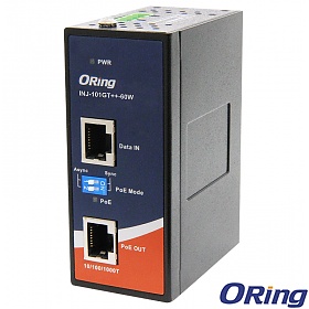 ORing INJ-101GT++-60W-24V, Industrial Gigabit High Power Injector, 1x10/1000 RJ-45 PoE + 1x10/1000 RJ-45