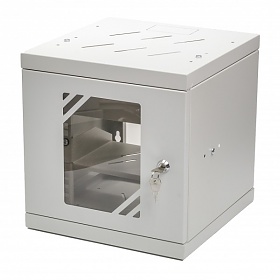 Wall-mounted 10" rack cabinet, 6U, glass door, 300mm, flat pack