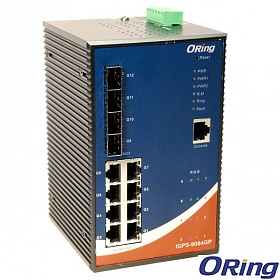 IGPS-9084GP, Industrial 12-port managed Gigabit PoE Ethernet switch, DIN, 8x 10/1000 RJ-45 PoE + 4 slide-in SFP slots, O/Open-Ring <20ms