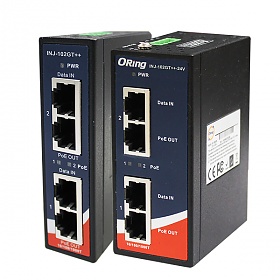 INJ-102GT++, Industrial Gigabit High Power Injector, DIN, 2x10/1000 RJ-45 PoE + 2x10/1000 RJ-45