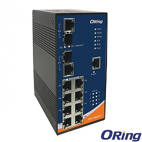 IPS-3082GC-AT, Industrial 10-port managed PoE Ethernet switch, DIN, 8x 10/100 RJ-45 PoE+ + 2 slide-in SFP slots w/DDM / RJ-45, O/Open-Ring <10ms