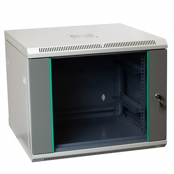 Wall-mounted 19" rack cabinet, 15U, glass door, 600mm d., flat pack