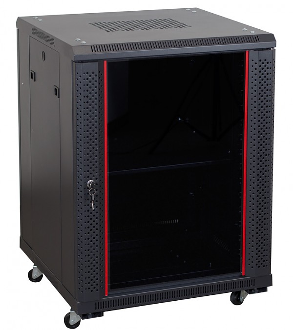 Floor-standing 19" rack cabinet, 15U, glass door, 600mm d., black