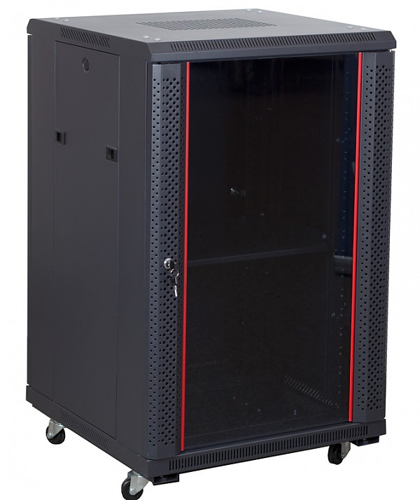 Floor-standing 19" rack cabinet, 18U, glass door, 600mm d., black