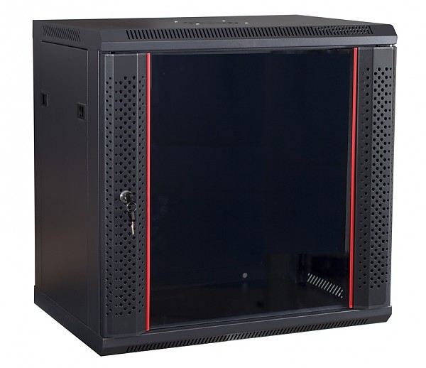 Wall-mounted 19" rack cabinet, 12U, glass door, 600mm d., black