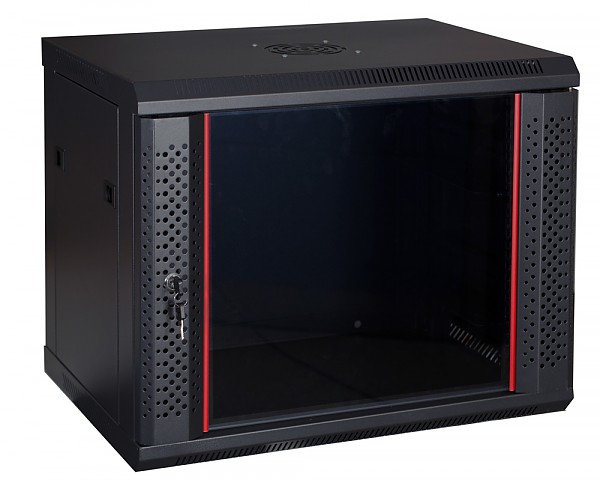 Wall-mounted 19" rack cabinet,  9U, glass door, 600mm d., black