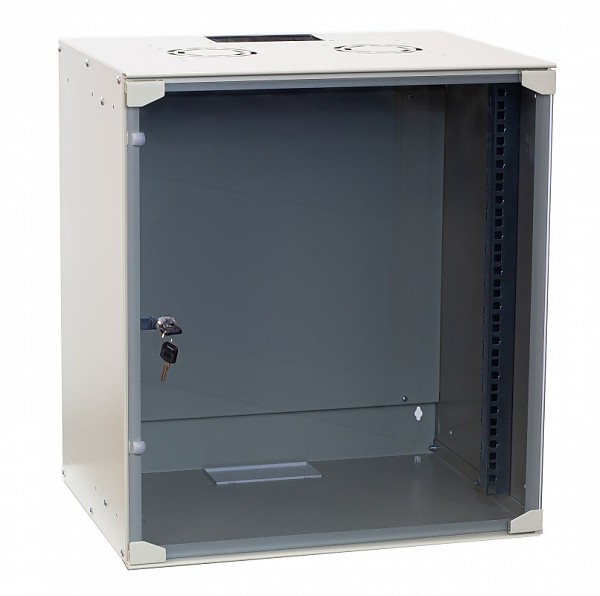 Wall-mounted 19" rack cabinet, 12U, glass door, 400mm d.