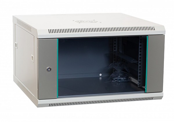 Wall-mounted 19" rack cabinet, 6U, glass door, 600mm d.