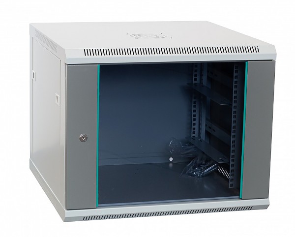 Wall-mounted 19" rack cabinet,  9U, glass door, 600mm d.