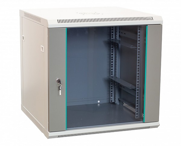 Wall-mounted 19" rack cabinet, 12U, glass door, 600mm d.