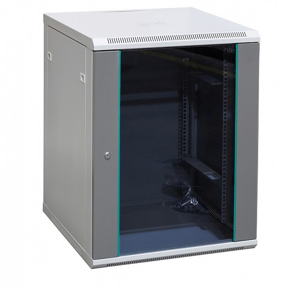 Wall-mounted 19" rack cabinet, 15U, glass door, 600mm d.