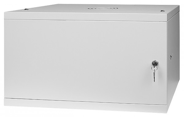 Wall-mounted 19" rack cabinet, 6U, steel door, 450mm d., flat pack
