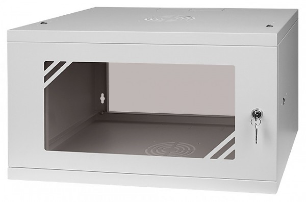 Wall-mounted 19" rack cabinet, 6U, glass door, 450mm d., flat pack