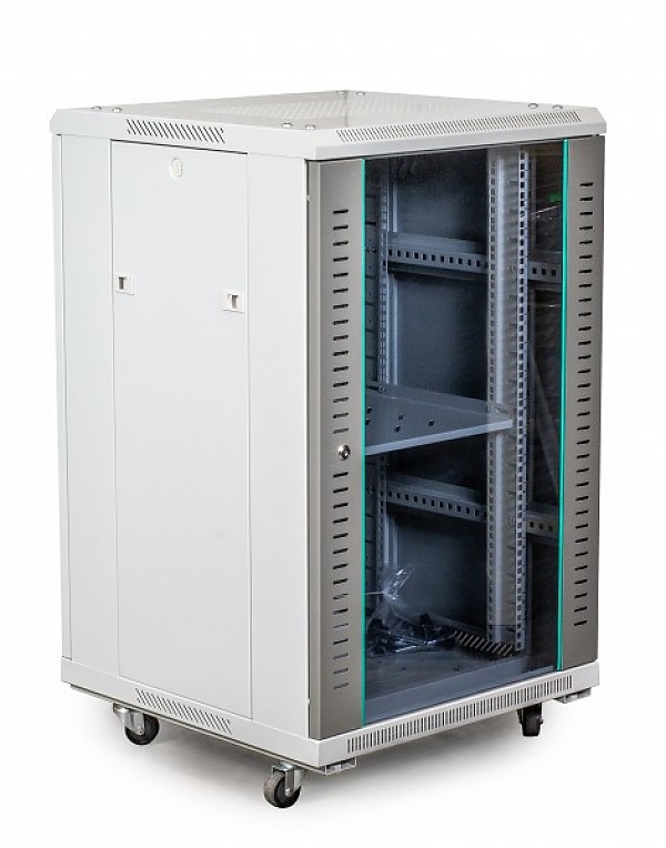 Floor-standing 19" rack cabinet, 18U, glass door, 600mm
