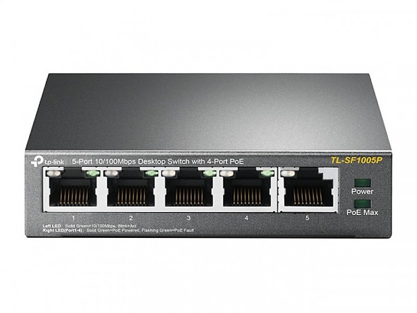 Unmanaged switch,  5x 10/100 RJ-45, PoE, desktop (TP-Link TL-SF1005P) 