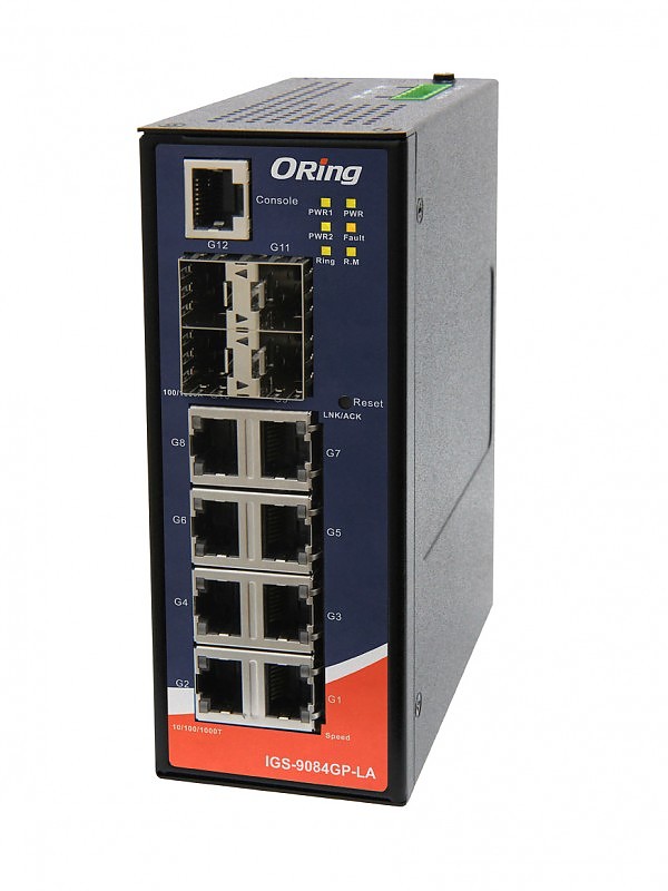 Managed switch,  8x 10/1000 RJ-45 + 4 slide-in SFP slots, O/Open-Ring <20ms, slim housing (ORing IGS-9084GP-LA) 