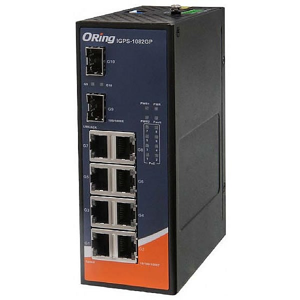 Unmanaged switch, 8x 10/1000 RJ-45 PoE + 2x 1000 SFP, slim housing (ORing IGPS-1082GP-24V) 