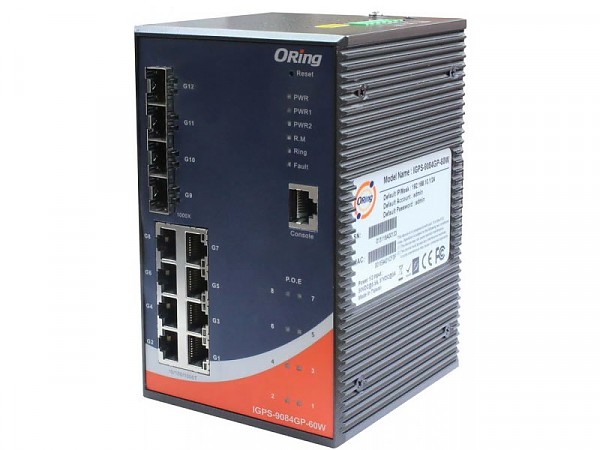 ORing IGPS-9084GP-60W, Industrial Managed switch, 8x 10/1000 RJ-45 PoE + 4 slide-in SFP slots, O/Open-Ring <20ms