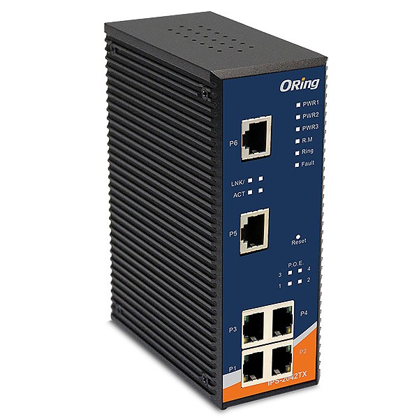 IPS-2042TX, Industrial 6-port lite-managed PoE Ethernet switch, DIN, 4x 10/100 RJ-45 PoE + 2x 10/100 RJ-45, O-Ring <10ms