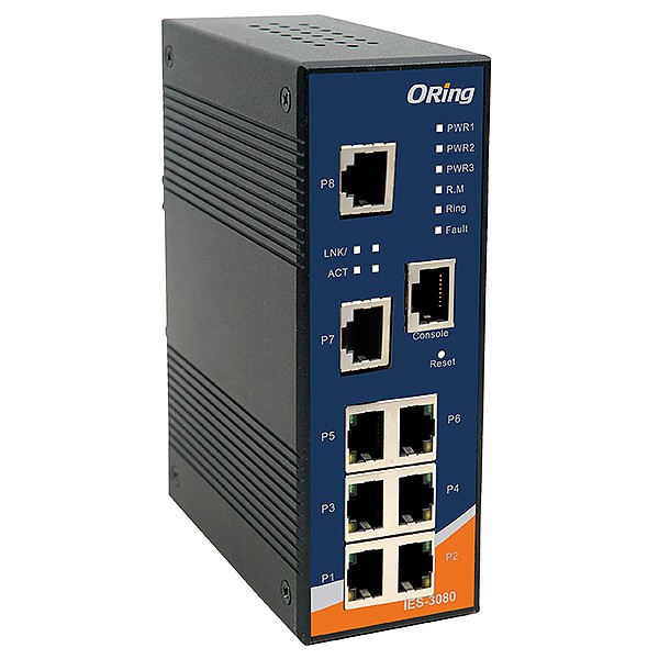 Managed switch,  8x 10/100 RJ-45, O/Open-Ring <10ms (ORing IES-3080) 