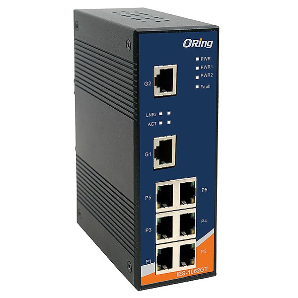 IES-1062GT, Industrial 8-port Unmanaged Ethernet Switch, DIN, 6x 10/100 RJ-45 + 2x 10/1000 RJ-45