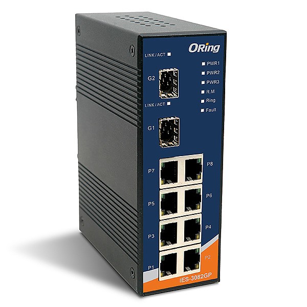 IES-3082GP, Industrial 10-port managed Ethernet switch, DIN, 8x 10/100 RJ-45 + 2x1000 SFP, O/Open-Ring <10ms