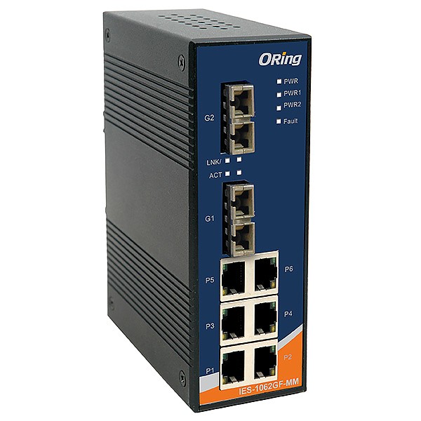 IES-1062GF-MM-SC, Industrial 8-port Unmanaged Ethernet Switch, DIN, 6x 10/100 RJ-45 + 2x 1000 MM SC