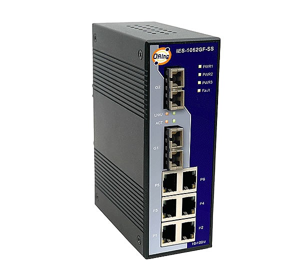 IES-1062GF-SS-SC, Industrial 8-port Unmanaged Ethernet Switch, DIN, 6x 10/100 RJ-45 + 2x 1000 SM SC