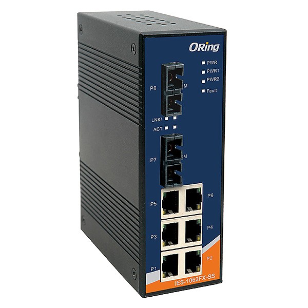 IES-1062FX-SS-SC, Industrial 8-port Unmanaged Ethernet Switch, DIN, 6x 10/100 RJ-45 + 2x 100 SM SC