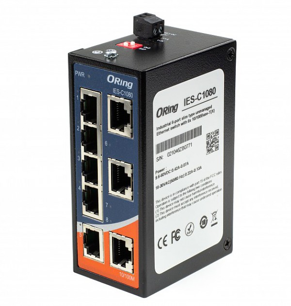 Unmanaged switch,  8x 10/100 RJ-45, slim housing (ORing IES-C1080) 