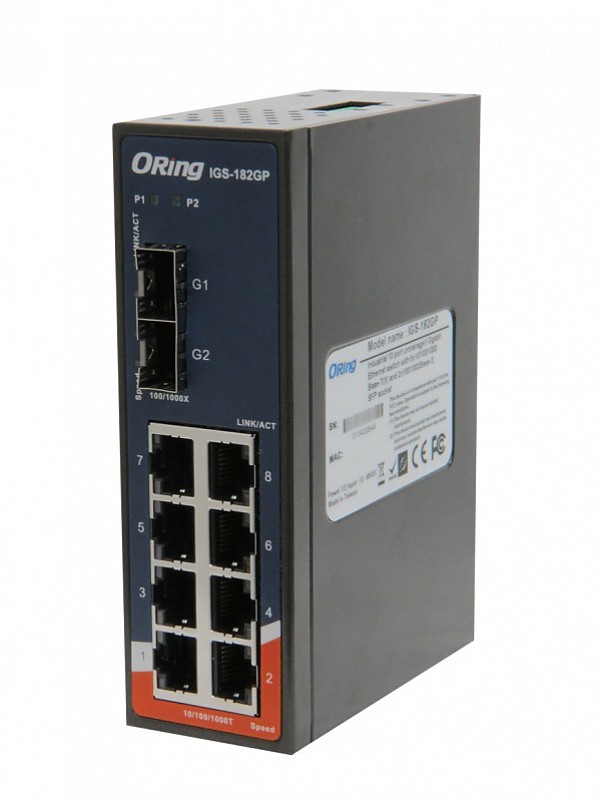 Unmanaged switch, 8x 10/1000 RJ-45 + 2x 1000 SFP (ORing IGS-182GP) 