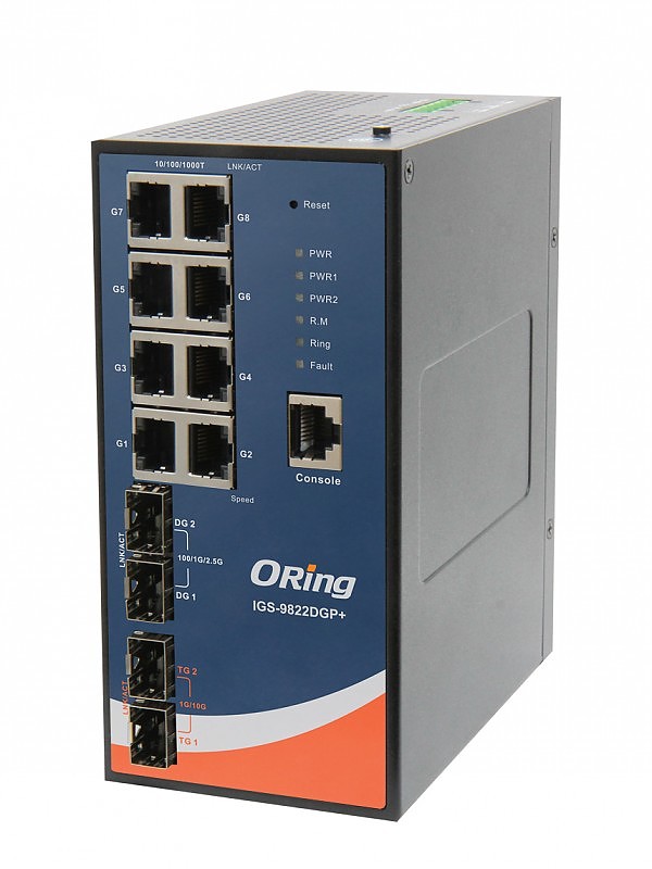 Managed switch, 8x 10/1000 RJ-45 + 2x100/2,5G SFP + 2x1G/10G SFP, O/Open-Ring <30ms (ORing IGS-9822DGP+) 