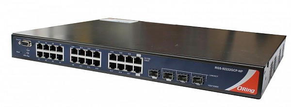 ORing RGS-92222GCP-NP, Managed switch, 22x 10/1000 RJ-45 + 2x 10/100/1000 COMBO Ports with SFP + 2 slide-in SFP slots, O/Open-Ring <30ms