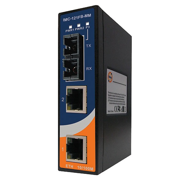 IMC-121FB-MM-SC, Industrial mini Ethernet to fiber media converter, DIN, 2x 10/100TX (RJ-45) + 1x 100FX (MM SC) 