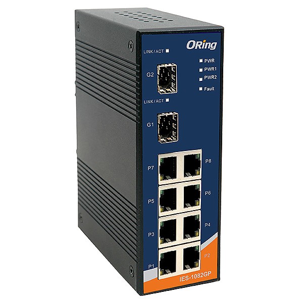 IES-1082GP, Industrial 10-port unmanaged Ethernet switch, DIN, 8x 10/100 RJ-45 + 2x 1000 SFP