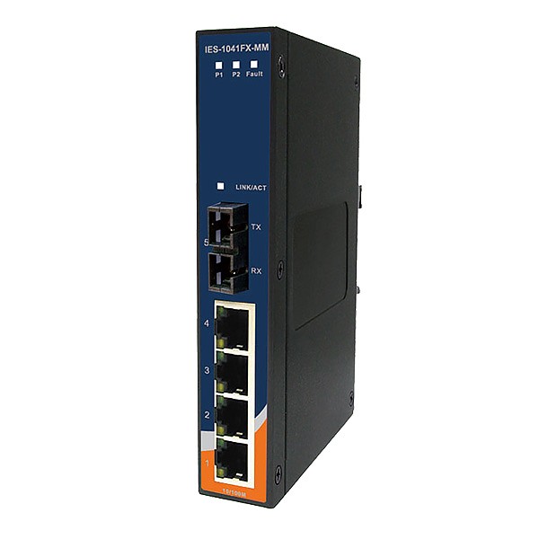 IES-1041FX-MM-SC, Industrial Slim Type 5-port Unmanaged Ethernet Switch, DIN, 4x 10/100 RJ-45 + 1x 100 MM SC, slim housing