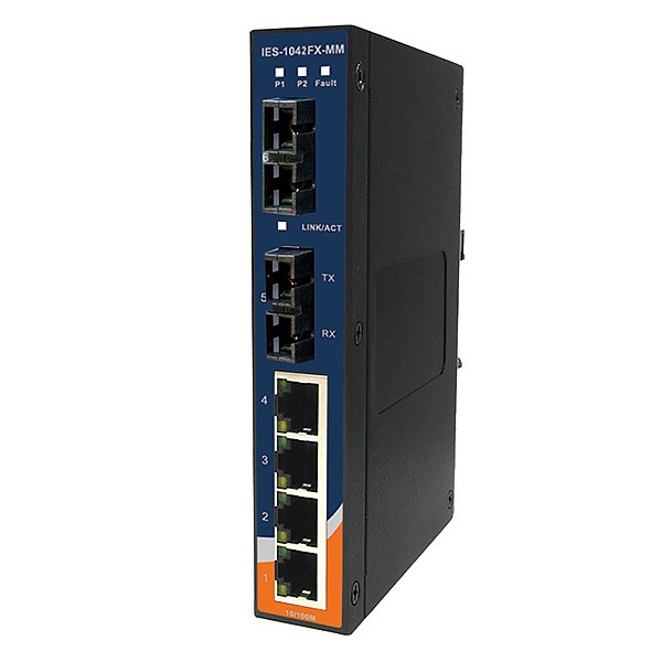 IES-1042FX-MM-SC, Industrial Slim Type 6-port Unmanaged Ethernet Switch, DIN, 4x 10/100 RJ-45 + 2x 100 MM SC, slim housing