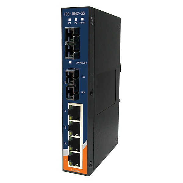 IES-1042FX-SS-SC, Industrial Slim Type 6-port Unmanaged Ethernet Switch, DIN, 4x 10/100 RJ-45 + 2x 100 SM SC, slim housing