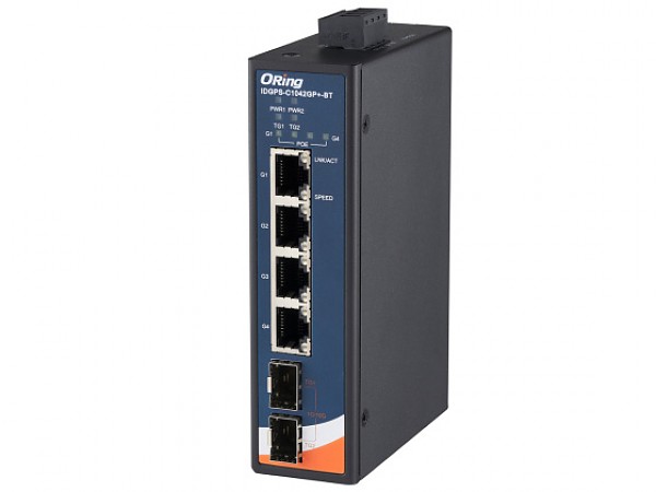 Unmanaged switch, 4x 100/1G/2.5G RJ-45 PoE + 2x1000/10G SFP+ (ORing IDGPS-C1042GP+-BT) 