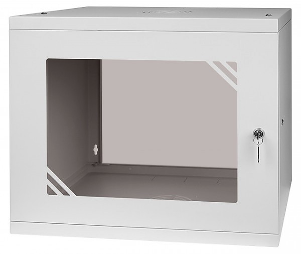 Wall-mounted 19" rack cabinet, 9U, glass door, 450mm d., flat pack